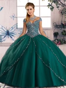 Great Green Ball Gowns Sweetheart Cap Sleeves Tulle Brush Train Lace Up Beading Sweet 16 Dresses