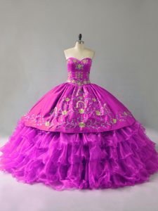 Sweetheart Sleeveless Quinceanera Dress Floor Length Embroidery and Ruffles Purple Organza