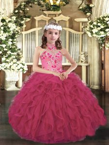 Custom Designed Hot Pink Sleeveless Organza Lace Up Little Girl Pageant Dress for Party and Sweet 16 and Wedding Party