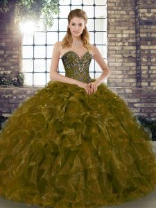 Sumptuous Brown Ball Gowns Beading and Ruffles Ball Gown Prom Dress Lace Up Organza Sleeveless Floor Length