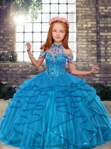 Super Sleeveless Tulle Floor Length Lace Up Little Girls Pageant Dress in Teal with Beading and Ruffles
