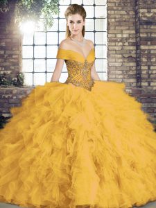 Wonderful Off The Shoulder Sleeveless Lace Up Sweet 16 Dress Gold Tulle