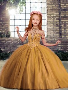 Amazing Brown Sleeveless Beading Floor Length Girls Pageant Dresses