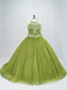 Dynamic Olive Green Sleeveless Tulle Brush Train Lace Up Sweet 16 Dress for Sweet 16 and Quinceanera
