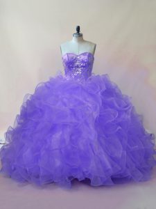 Beauteous Lavender Organza Lace Up Quinceanera Dress Sleeveless Floor Length Beading and Ruffles