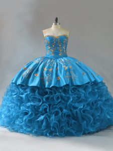 Blue Lace Up Sweetheart Embroidery and Ruffles Quinceanera Dress Fabric With Rolling Flowers Sleeveless Brush Train