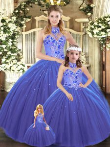 Sophisticated Sleeveless Tulle Lace Up Sweet 16 Quinceanera Dress in Blue with Embroidery