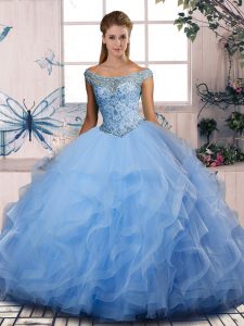 Delicate Blue Tulle Lace Up Off The Shoulder Sleeveless Floor Length 15 Quinceanera Dress Beading and Ruffles