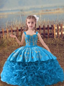 Baby Blue Ball Gowns Fabric With Rolling Flowers Straps Sleeveless Embroidery Lace Up Little Girl Pageant Gowns Sweep Train