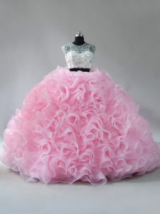 Scoop Sleeveless Quince Ball Gowns Brush Train Beading and Ruffles Baby Pink Fabric With Rolling Flowers