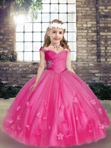 Tulle Sleeveless Floor Length Little Girls Pageant Gowns and Beading and Hand Made Flower