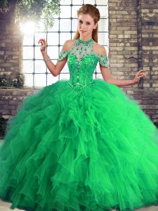Green 15th Birthday Dress Military Ball and Sweet 16 and Quinceanera with Beading and Ruffles Halter Top Sleeveless Lace Up