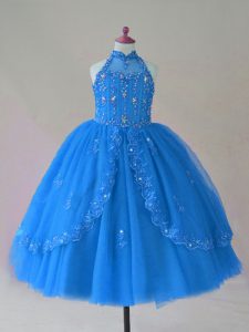 Perfect Blue Ball Gowns Beading and Appliques Little Girl Pageant Gowns Lace Up Tulle Sleeveless Floor Length