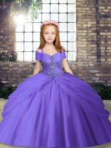 Sleeveless Tulle Floor Length Lace Up Pageant Gowns For Girls in Lavender with Beading