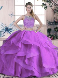 Floor Length Purple Quinceanera Dresses Scoop Sleeveless Lace Up