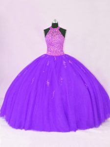 Custom Design Purple Sleeveless Floor Length Beading and Appliques Lace Up Quinceanera Gowns
