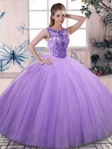Pretty Lavender Ball Gowns Tulle Scoop Sleeveless Beading Floor Length Lace Up Sweet 16 Dress