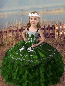 Graceful Straps Sleeveless Child Pageant Dress Floor Length Embroidery and Ruffled Layers Olive Green Organza