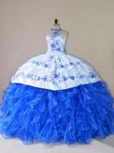 Royal Blue Sweet 16 Quinceanera Dress Organza Court Train Sleeveless Embroidery and Ruffles
