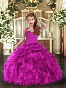 Amazing Sleeveless Organza Floor Length Lace Up Kids Formal Wear in Fuchsia with Ruffles