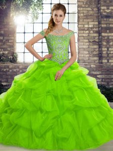 Fabulous Tulle Lace Up Quinceanera Gown Sleeveless Brush Train Beading and Pick Ups