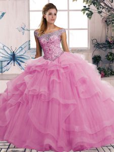Rose Pink Tulle Lace Up Off The Shoulder Sleeveless Floor Length Quinceanera Gowns Beading and Ruffles