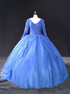Blue Long Sleeves Floor Length Lace and Appliques Lace Up Sweet 16 Dress