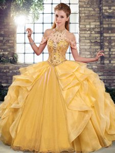 Adorable Ball Gowns Quinceanera Dress Gold Halter Top Organza Sleeveless Floor Length Lace Up