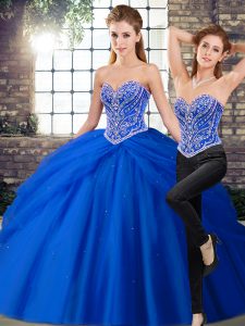 Sexy Sweetheart Sleeveless Brush Train Lace Up Quinceanera Dress Royal Blue Tulle