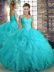 Aqua Blue Tulle Lace Up Off The Shoulder Sleeveless Floor Length Sweet 16 Dresses Beading and Ruffles