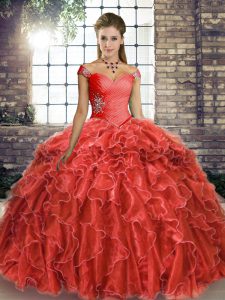 Coral Red Lace Up Ball Gown Prom Dress Beading and Ruffles Sleeveless Brush Train