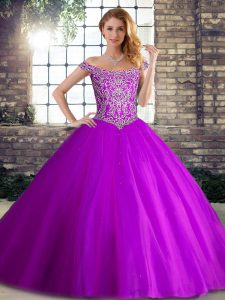 Purple Ball Gowns Tulle Off The Shoulder Sleeveless Beading Lace Up Sweet 16 Dress Brush Train