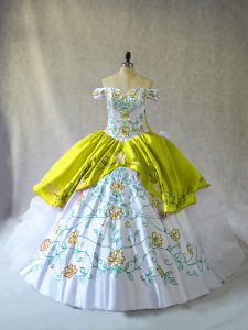 Glamorous Floor Length Yellow Green Quinceanera Dress Off The Shoulder Sleeveless Lace Up