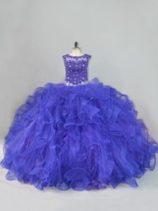 Blue Sleeveless Organza Lace Up 15 Quinceanera Dress for Sweet 16 and Quinceanera