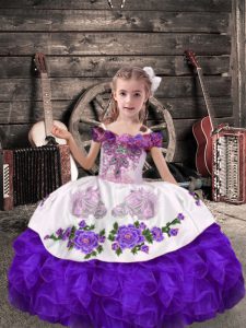 Amazing Purple Off The Shoulder Lace Up Beading and Embroidery and Ruffles Kids Pageant Dress Sleeveless