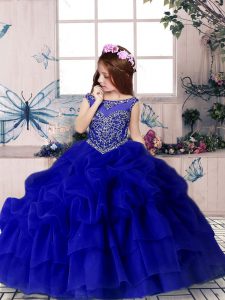 Floor Length Royal Blue Little Girl Pageant Dress Organza Sleeveless Beading and Pick Ups