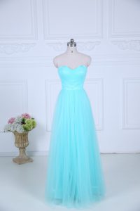 Perfect Aqua Blue Empire Tulle Sweetheart Sleeveless Ruching Floor Length Zipper Quinceanera Dama Dress