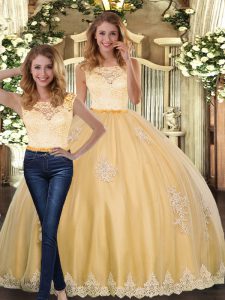 Comfortable Gold Tulle Clasp Handle Scoop Sleeveless Floor Length Quinceanera Dress Lace and Appliques