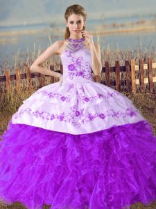 Embroidery and Ruffles Vestidos de Quinceanera Purple Lace Up Sleeveless Floor Length Court Train
