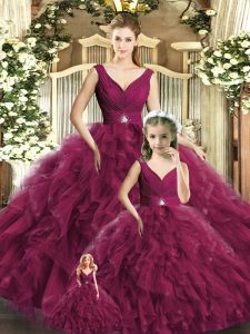 Most Popular Sleeveless Floor Length Beading and Ruffles Backless Sweet 16 Dress with Burgundy