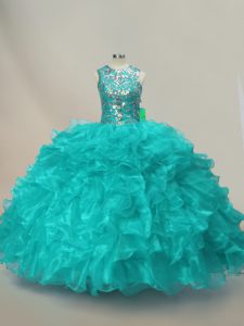 Flirting Sleeveless Floor Length Beading and Ruffles Lace Up 15 Quinceanera Dress with Aqua Blue