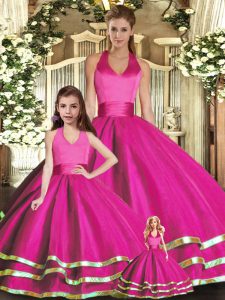 Sumptuous Fuchsia Ball Gowns Halter Top Sleeveless Organza Lace Up Ruffled Layers Quinceanera Gown