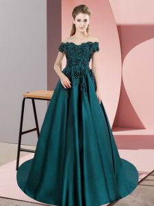 Off The Shoulder Sleeveless 15 Quinceanera Dress Floor Length Court Train Lace Teal Satin