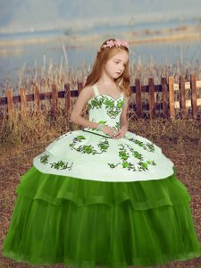 Discount Green Lace Up Straps Embroidery Little Girl Pageant Gowns Tulle Sleeveless