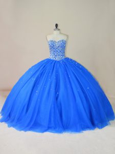 Ideal Floor Length Lace Up 15 Quinceanera Dress Blue for Sweet 16 and Quinceanera with Beading