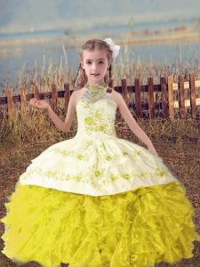 Beading and Embroidery and Ruffles Pageant Gowns For Girls Gold Lace Up Sleeveless Floor Length