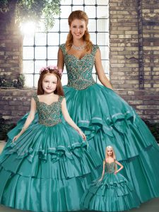 Teal 15th Birthday Dress Military Ball and Sweet 16 and Quinceanera with Beading and Ruffled Layers Straps Sleeveless Lace Up