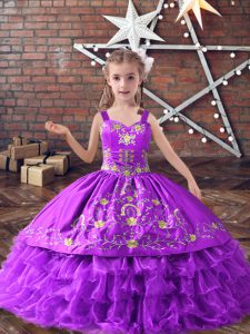 Lavender Lace Up Straps Embroidery and Ruffled Layers Kids Formal Wear Satin and Organza Sleeveless