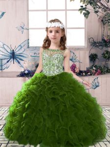 Latest Olive Green Ball Gowns Organza Scoop Sleeveless Beading and Ruffles Floor Length Lace Up Little Girls Pageant Dress Wholesale