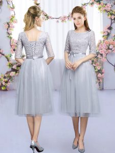 Wonderful Scoop Half Sleeves Lace Up Quinceanera Court of Honor Dress Grey Tulle